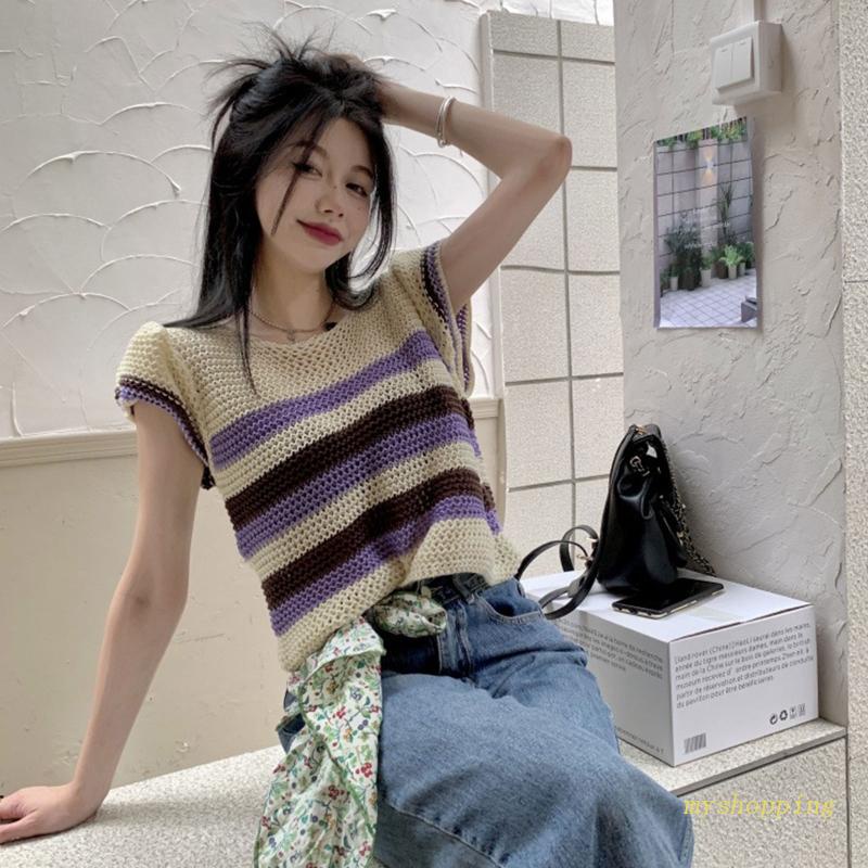 Áo Thun Croptop Dệt Kim Mỏng Tay Ngắn Dáng Rộng Họa Tiết Kẻ Sọc Thời Trang Mùa Hè Cho Nữ