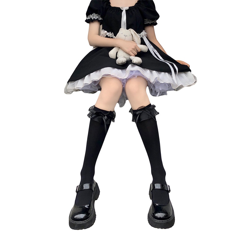 Đôi Vớ Cao Đến Đầu Gối Phối Dây Ruy Băng Ren Nơ Phong Cách Preppy Nhật Bản Lolita Dành Cho Nữ Sinh