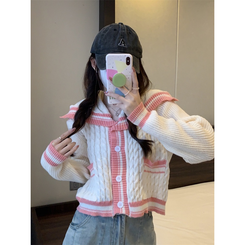 Mới Áo Khoác Cardigan Dệt Kim Màu Trắng Cổ Thủy Thủ Dáng Ngắn Thời Trang Cho Nữ