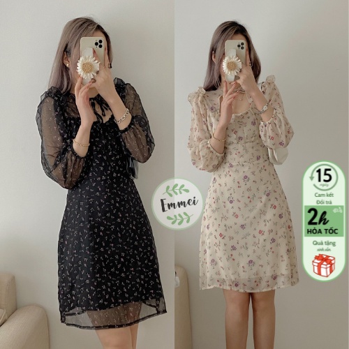 Đầm nơ cổ khoét ngực, Váy hoa nhí dáng xoè Emmei v85
