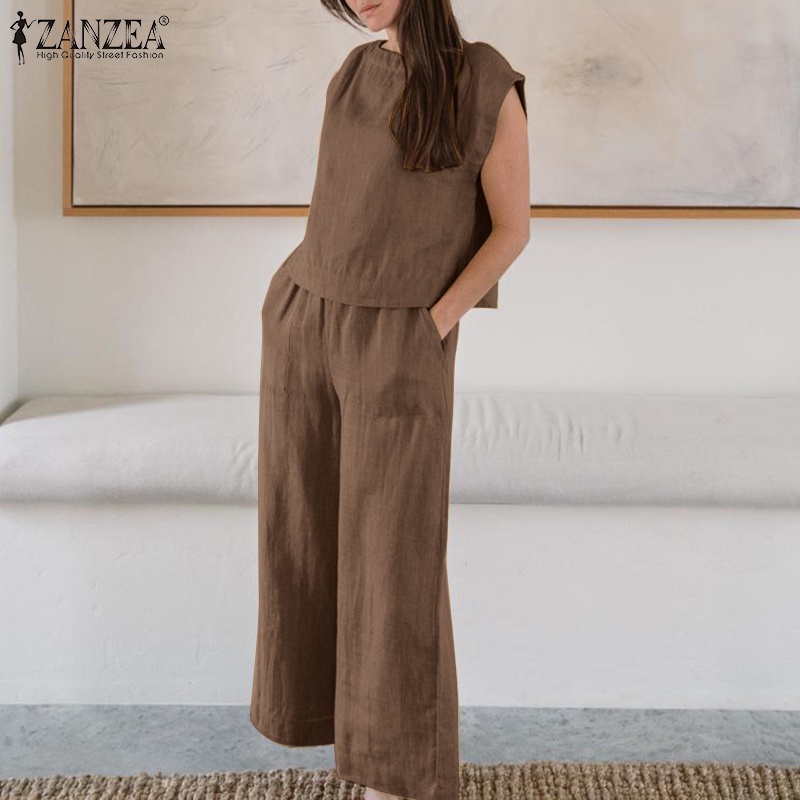 Set ZANZEA áo thun ngắn tay cổ tròn và quần dài ống rộng thời trang cho nữ