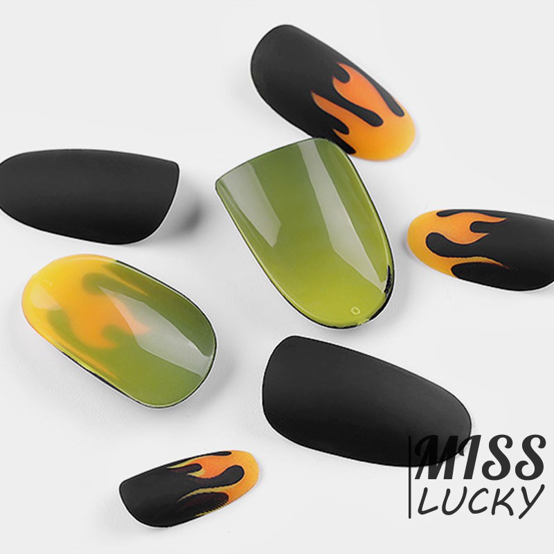 24 móng tay giả họa tiết ngọn lửa có keo dán sành điệu