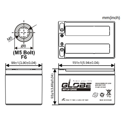 Ắc Quy Khô Globe 12V-12Ah, WP12-12NSE -