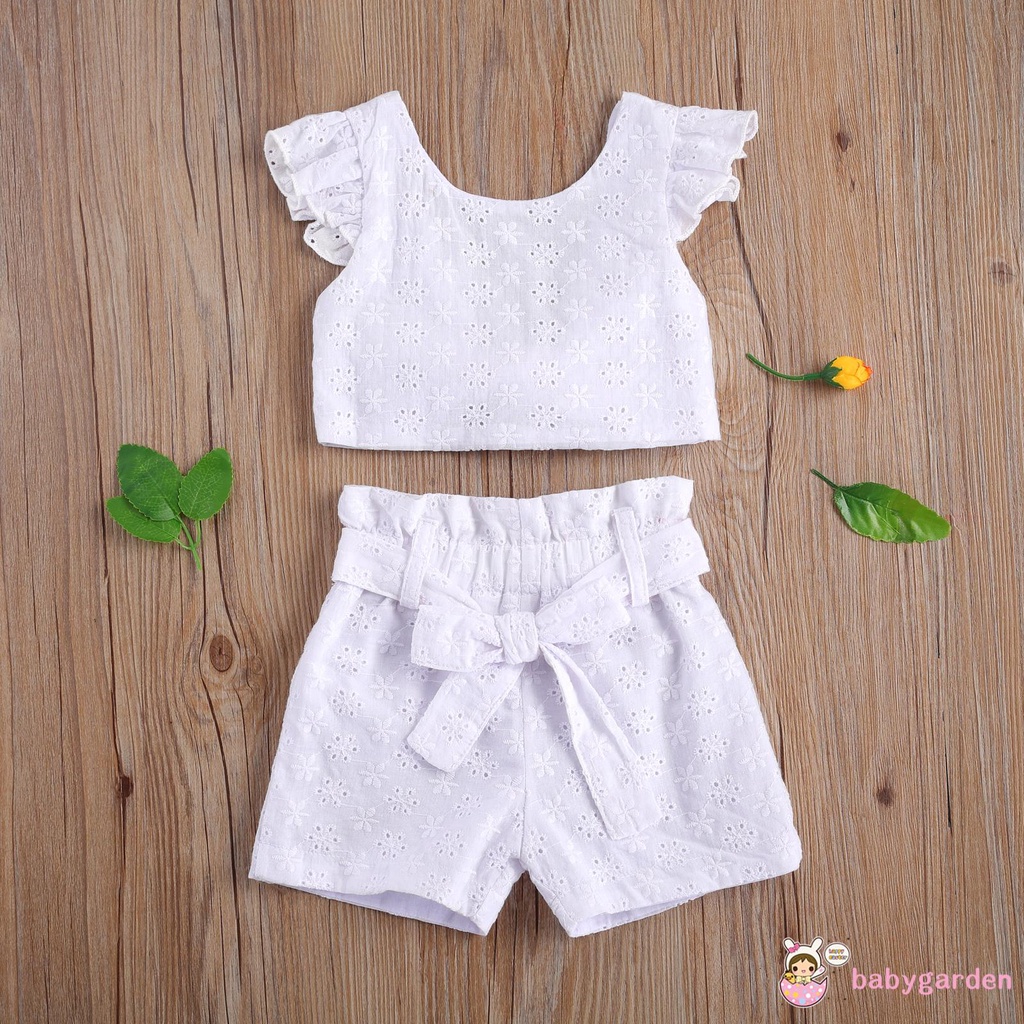 Set đồ hai mảnh gồm áo tay cánh tiên hở lưng và quần short dệt Jacquard cho bé gái mặc chụp ảnh dự tiệc sinh nhật