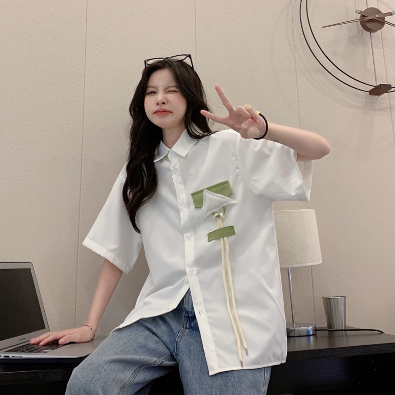Áo sơ mi ZHELIHANGFEI tay ngắn dáng rộng theo phong cách preppy độc đáo/dễ phối đồ