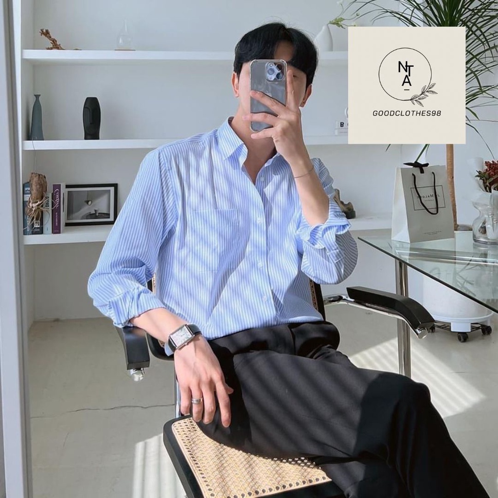 Áo sơ mi kẻ sọc xanh phong cách Hàn Quốc