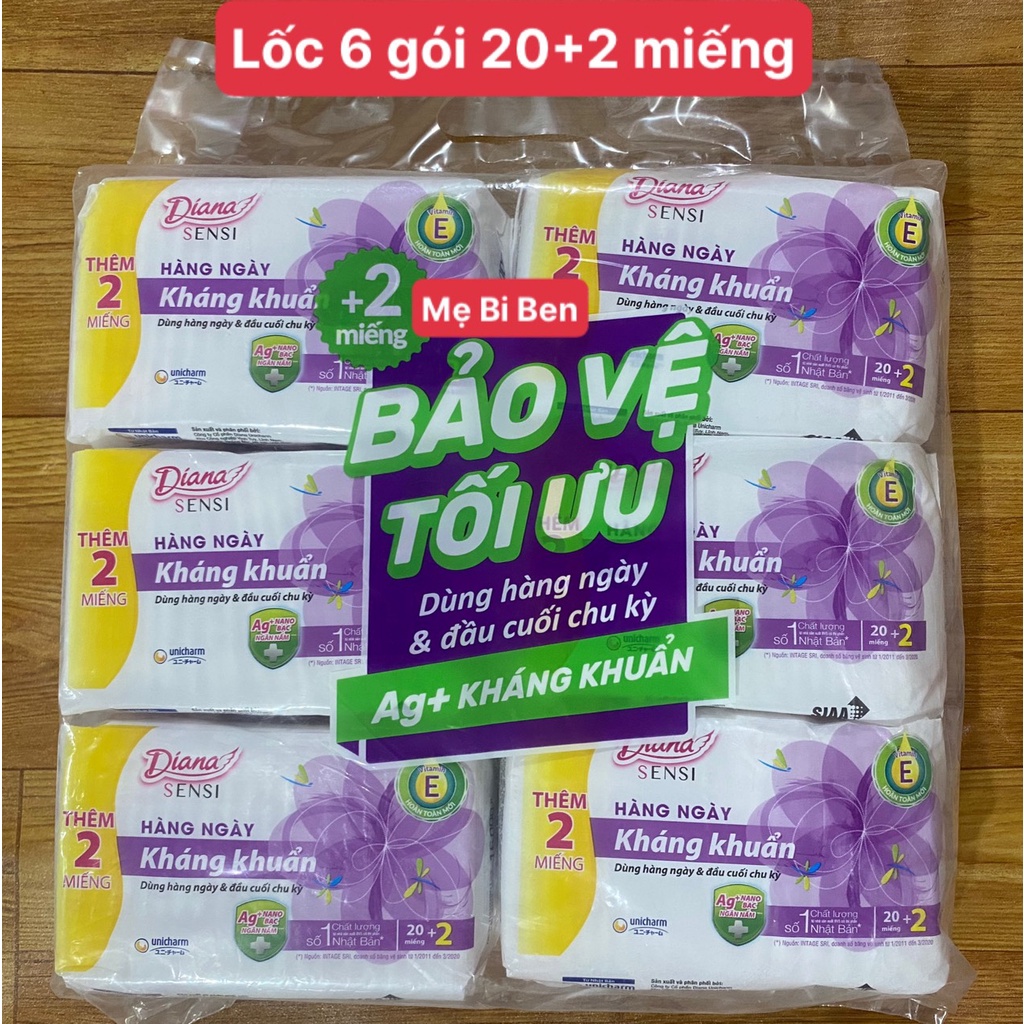 [Chính Hãng 20+5] Lốc 6 gói Băng Vệ Sinh Diana Hàng Ngày Sensi Kháng Khuẩn Gói 20 Miếng