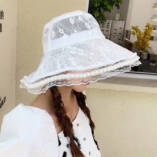 Nón Tai Bèo Phối Ren Mỏng Thoáng Khí Đính Ngọc Trai Dễ Thương Phong Cách Nhật Hàn Cho Nữ