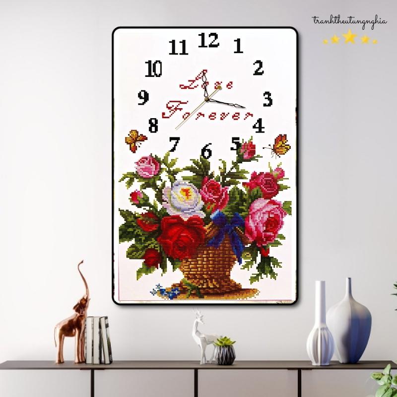 Tranh thêu chữ thập đồng hồ giỏ hoa tuyệt đẹp 35cm x 50cm