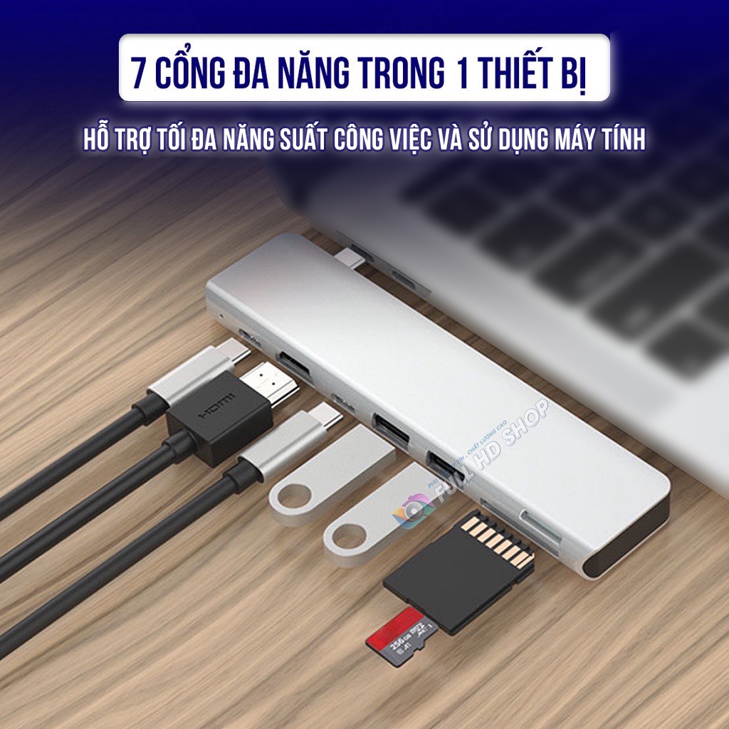 Cổng Chuyển Đổi Type C Sang HDMI/USB/ Type C/Đầu đọc thẻ nhớ Phụ Kiện Macbook Chia Cổng 7 trong 1 Full HD Shop Mã HD16