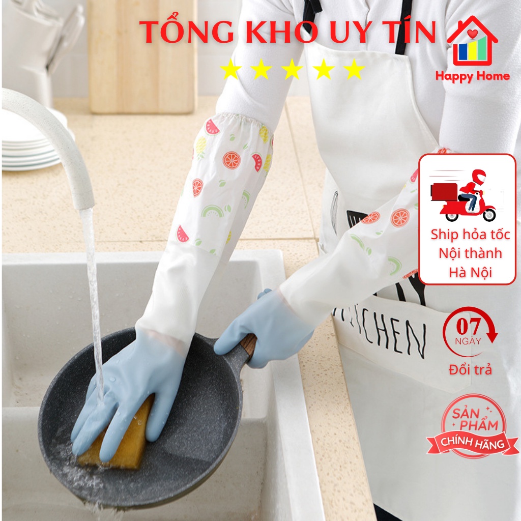 Găng tay cao su siêu dai, siêu bền loại dài, có chun chống tụt, găng dài ngăn nước lọt vào tay Happy Home