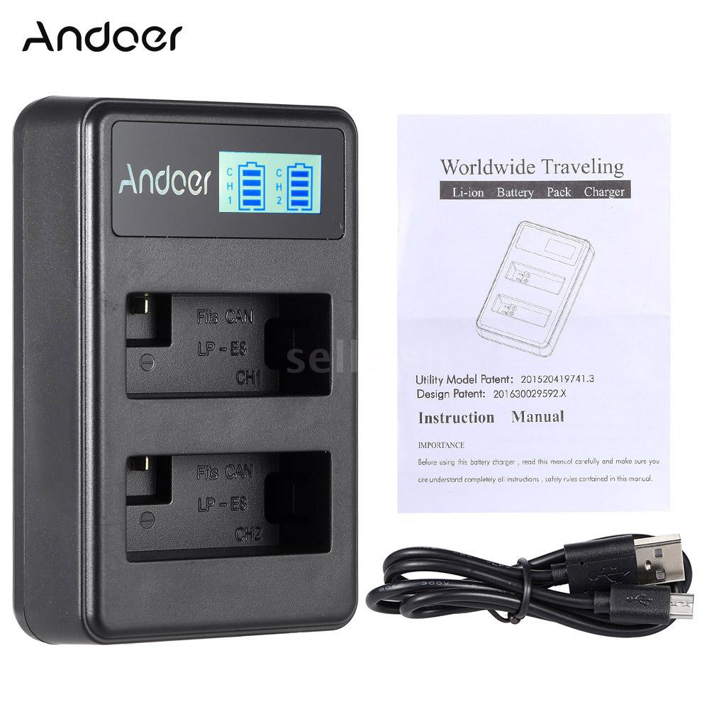 Andoer LP-E8 Rechargeable LED Display Li-ion Battery Charger Pack 2-Slot USB Cable Kit for Canon Rebel T3i T5i T4i T2i E