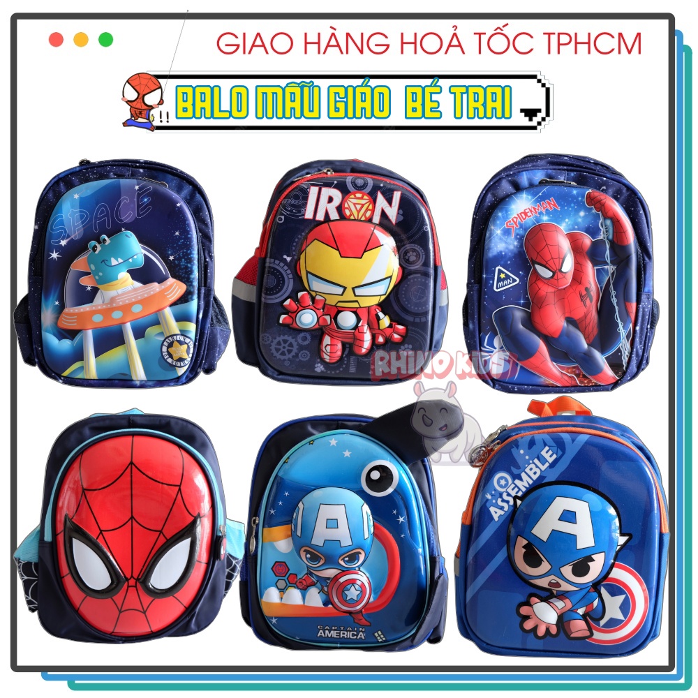Balo cho bé đi học mẫu giáo siêu nhẹ balo 3D cho bé trai in hình siêu nhân đội trưởng Mỹ người nhện đáng yêu