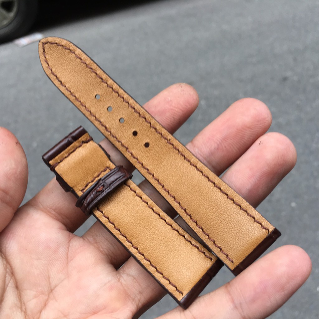 Dây đồng hồ da cá sấu khâu tay handmade cao cấp cho nam màu nâu đậm