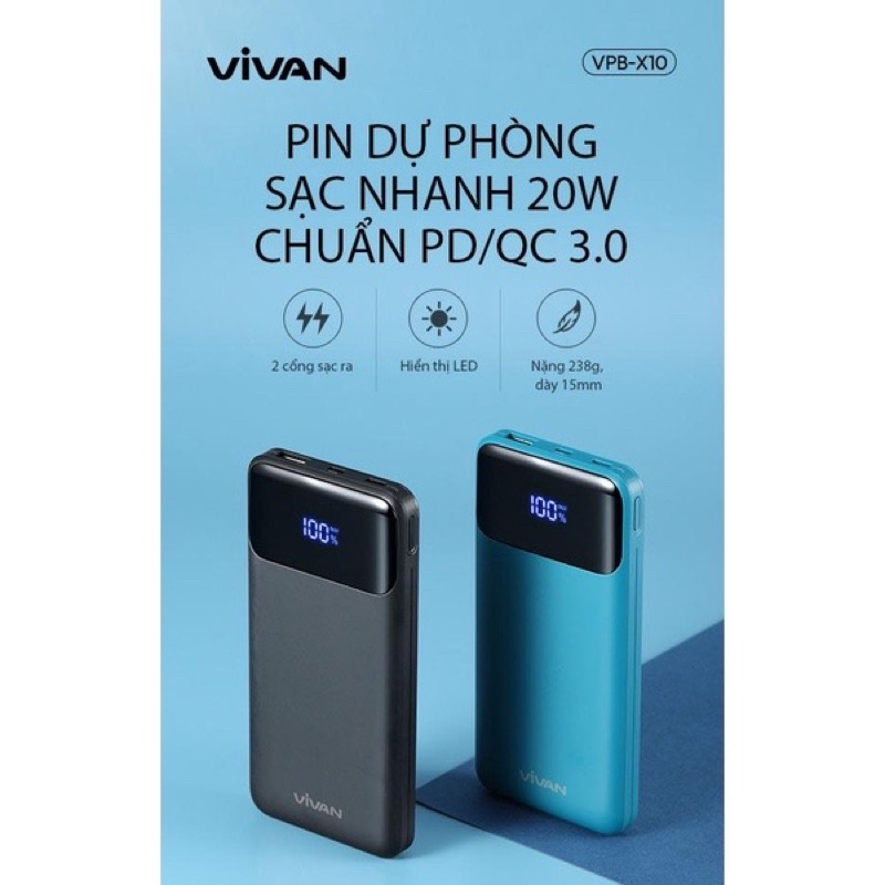 Sạc dự phòng Vivan VPB-X10 dung lượng 10.000mAh. Hỗ trợ sạc nhanh QC 3.0 - 2 cổng sạc ra USB-A & Type-C nhỏ gọn