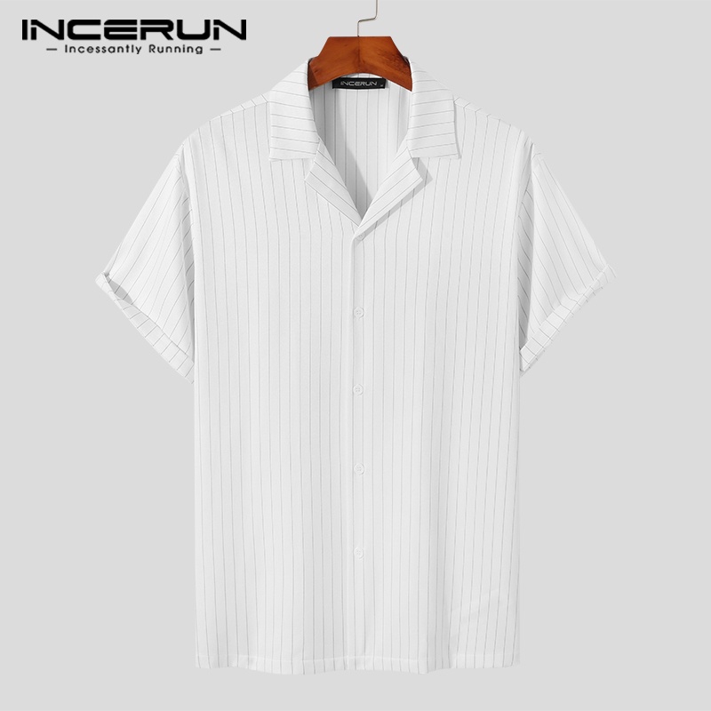 Áo sơ mi INCERUN ngắn tay họa tiết kẻ sọc thời trang mùa hè cho nam