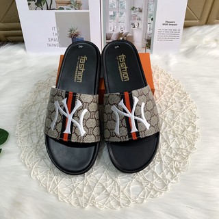 [FREESHIP+FULLBOX] Dép lê nam Thêu NYYY họa tiết phối sọc đen đỏ siêu chất