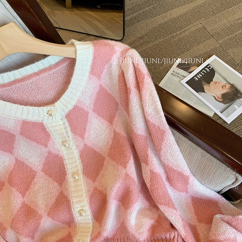Áo Khoác Cardigan Dệt Kim Họa Tiết Hình Thoi Màu Hồng Ngọt Ngào Cho Nữ  tao bao