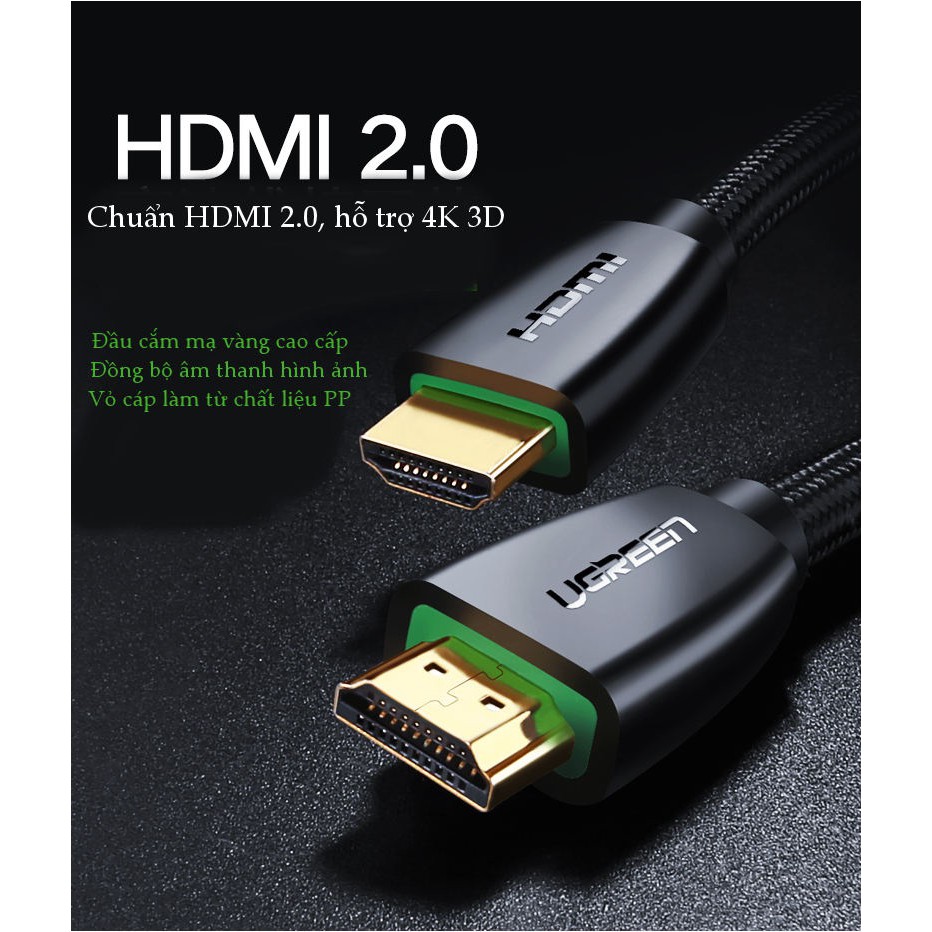 Freeship 50k_Dây cáp HDMI 1M Ugreen 40408 chuẩn 2.0 hỗ trợ 3D 4K_Bảo hành chính hãng 18 tháng