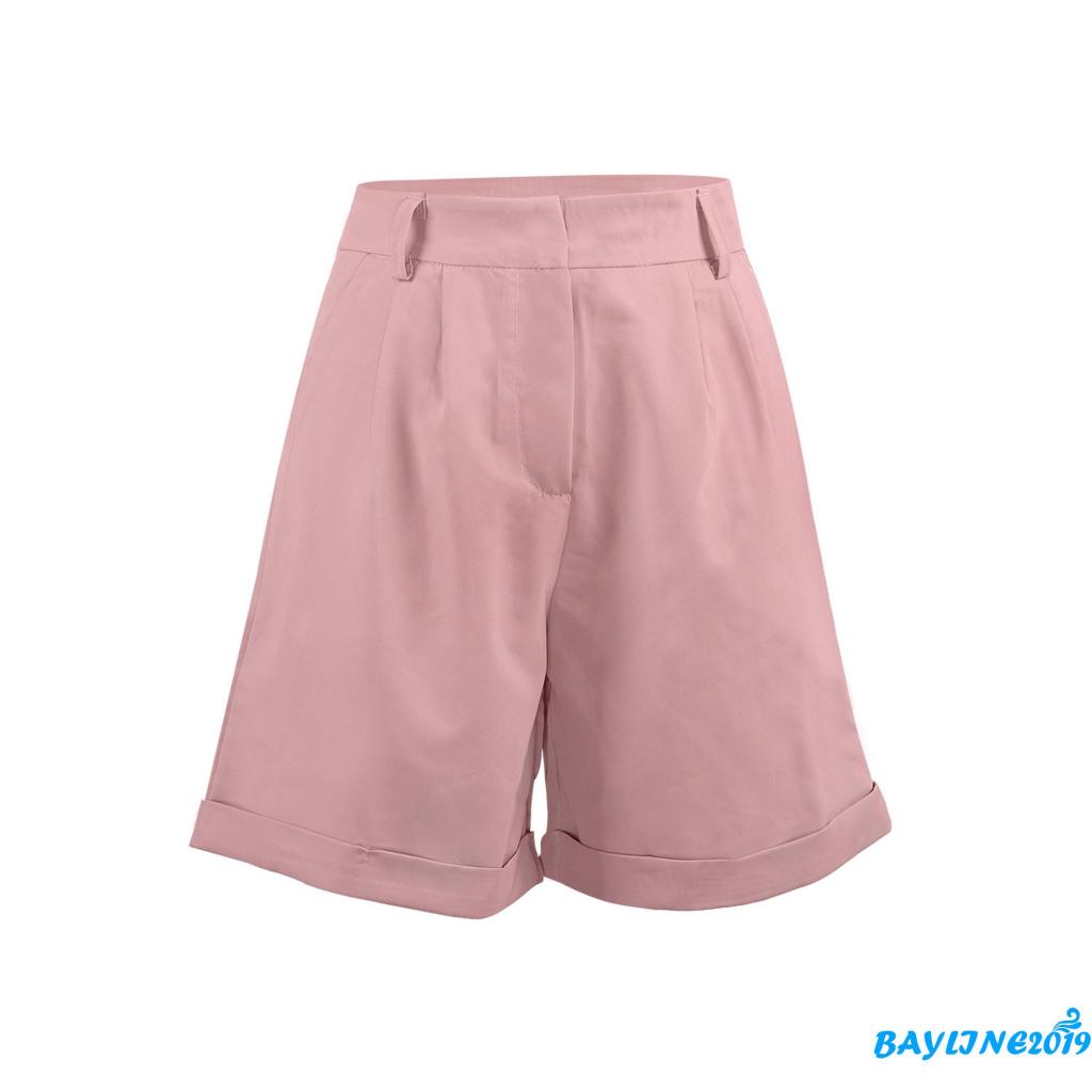 BAY-Quần ngắn ống rộng lưng cao màu trơn có túi phong cách size S/ M/ L/ XL cho nữ