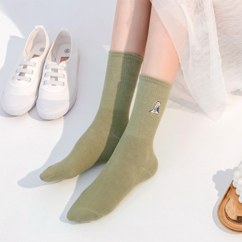 XIXI Vớ cotton cổ cao màu trơn thêu hình khủng long dễ thương phong cách Harajuku Nhật Bản cho nữ