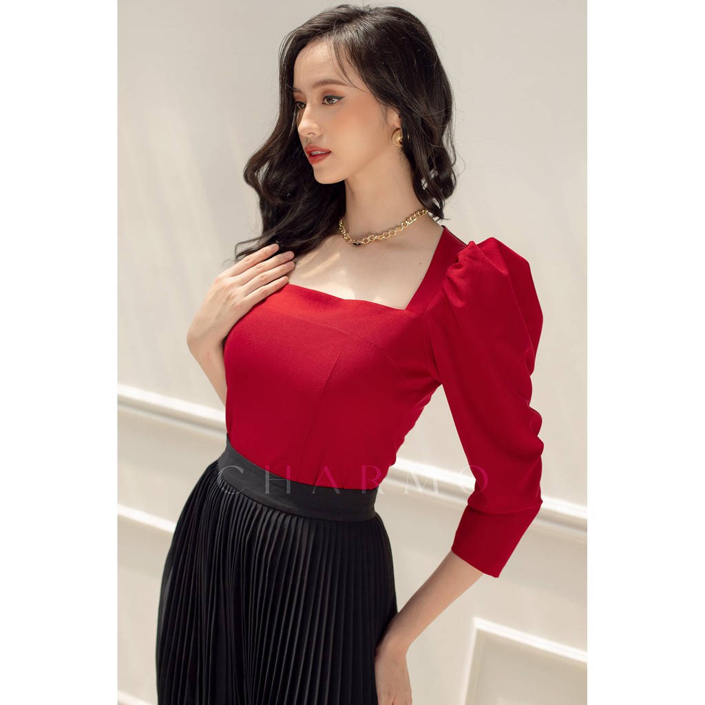 Áo kiểu cổ vuông CHARMO chất cotton lụa tay phồng Ruffle Lily Top