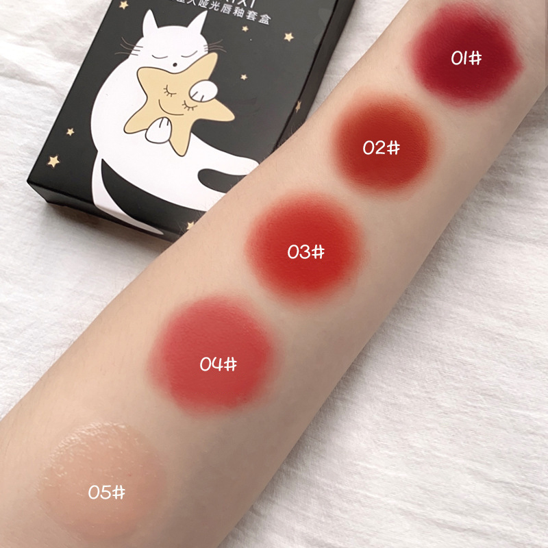 Set 5 son môi Huaxixi thiết kế vỏ họa tiết chú mèo ôm ngôi sao thời trang