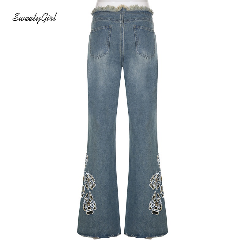 Quần Jeans Lưng Thấp Ống Loe Thêu Họa Tiết Thời Trang Đường Phố Cho Nữ 2022