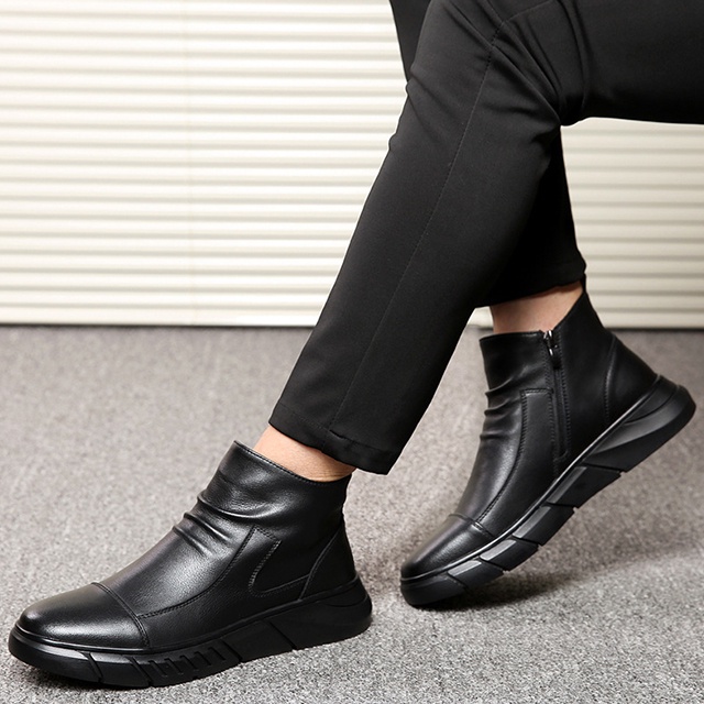 Giày Chel sea Boots Nam Cao Cổ Da Đen Mềm Đế Cao 5cm Phong Cách Nam Tính Tặng Kèm Đồng Hồ
