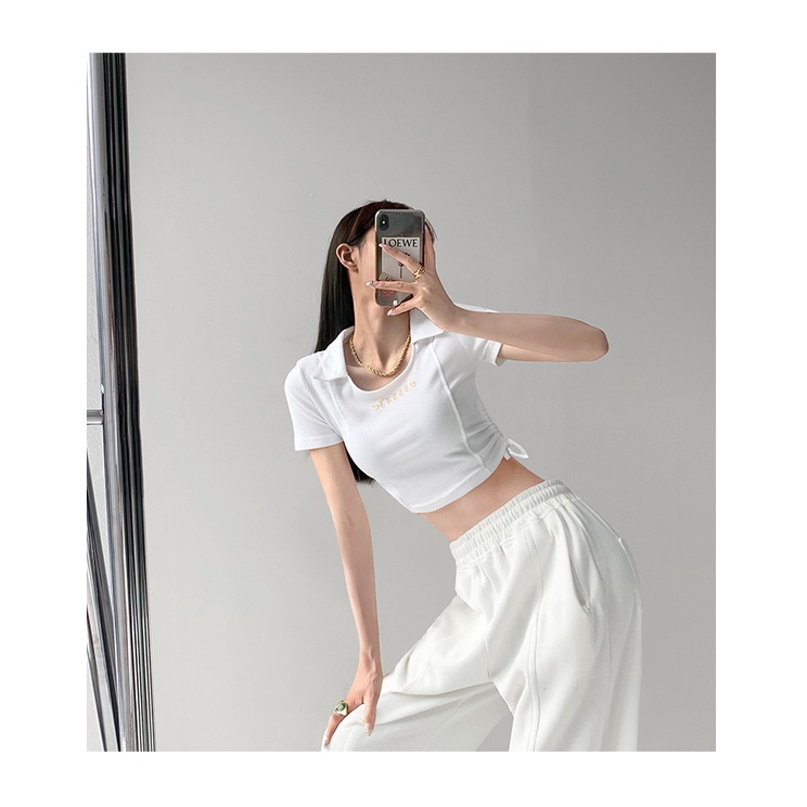 Áo thun MMIOT ngắn tay cổ chữ U phối dây rút thêu chữ thời trang mùa hè 2023 cho nữ