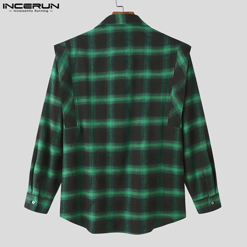 Áo sơ mi nam Incerun dài tay họa tiết caro màu xanh lá cơ bản
