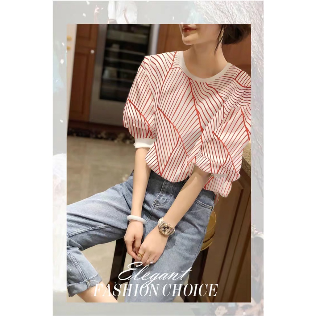 Áo Sơ Mi Mỏng Tay Ngắn Phồng Dáng Rộng Họa Tiết Kẻ Sọc Màu Đỏ Thời Trang Mùa Hè Hàng Mới Dành Cho Bạn Nữ