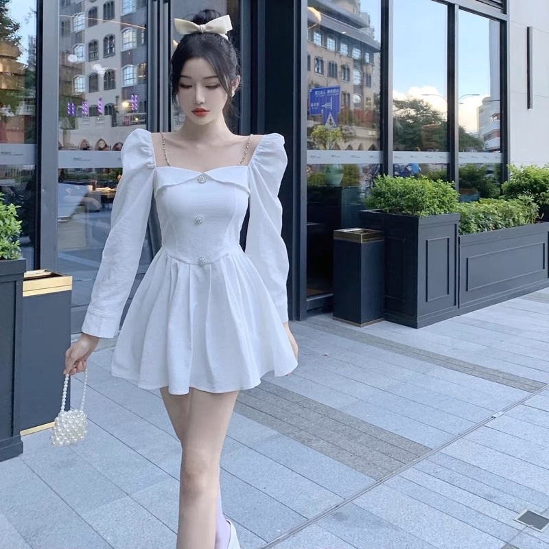 VIDEO ẢNH THẬT🖤Đầm tiểu thư cổ vuông đính khuy đá loại 1 QC cao cấp sang chảnh Váy bánh bèo ulzZang xoè bồng bềnh ôm eo