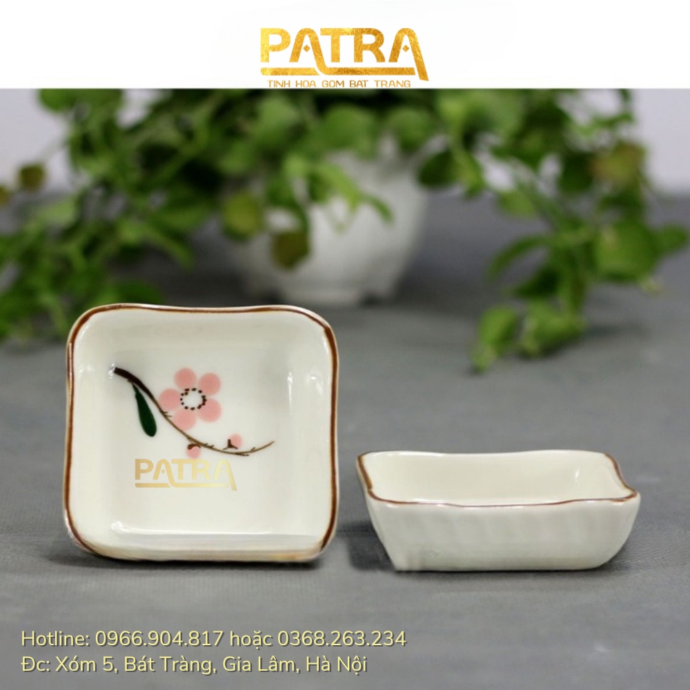 Bát đĩa đựng gia vị, bát gia vị sứ, bát mắm Bát Tràng cao cấp vẽ đào hồng