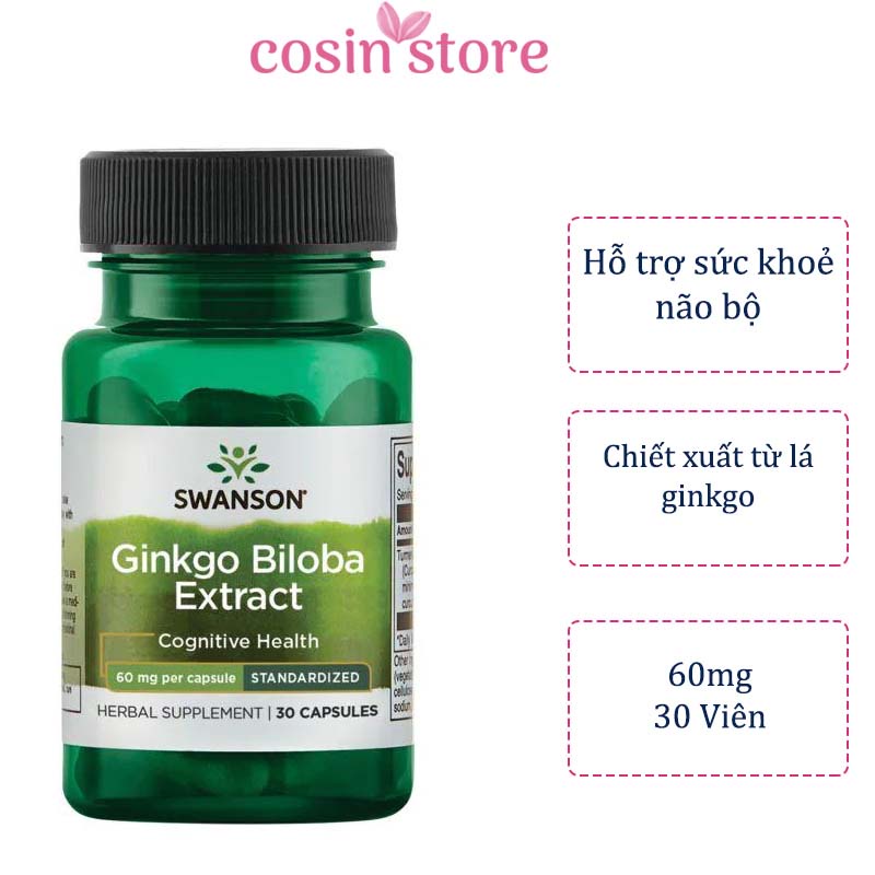 Viên Uống Ginkgo Biloba Swanson 60mg 30 Viên Hỗ Trợ tăng cường chức năng não Cosin Store
