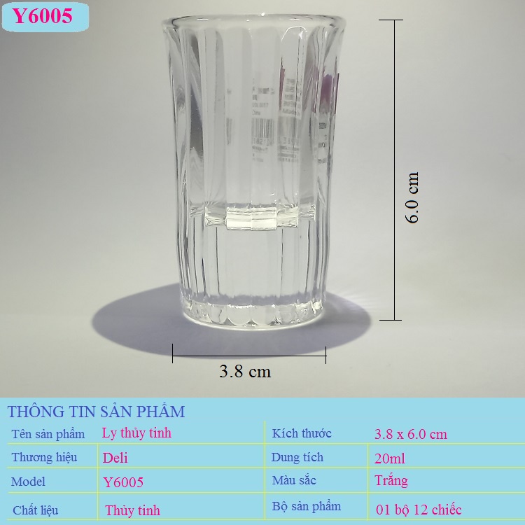 Bộ 12 Ly Uống Rượu Mạnh Thủy Tinh Nhỏ Đẹp Đế Dày Deli Y6005 Dung Tích 20ml