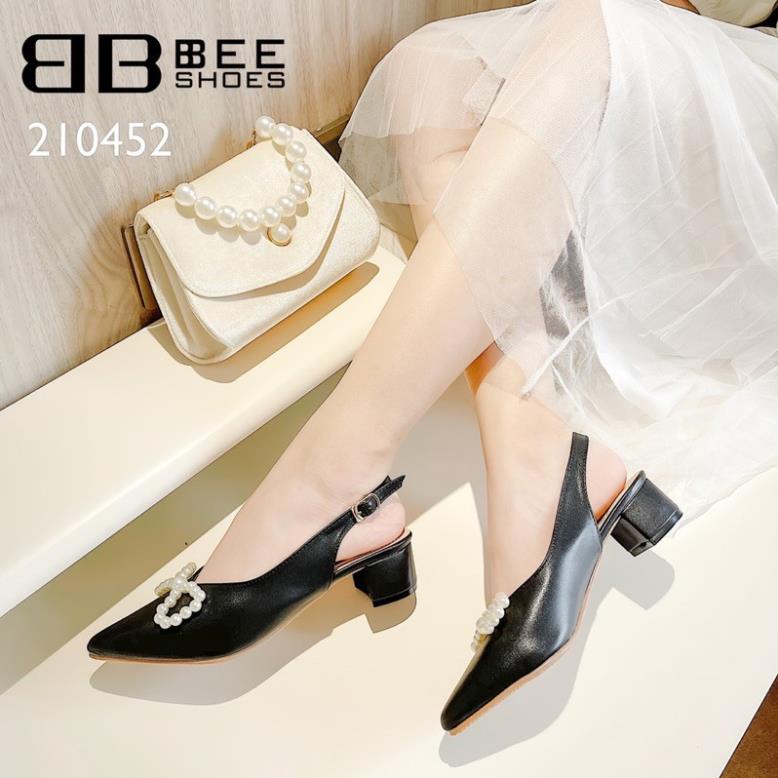 h o t - BEESHOES - GIÀY BÚP BÊ NỮ MŨI NHỌN NƠ NGỌC - GIÀY BÚP BÊ NỮ ĐẾ VUÔNG CAO PHÂN SẴN MÀU ĐEN - KEM - TRẮNG 0