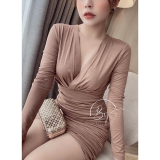 Váy dài tay ôm body rúm thân chất thun lanh