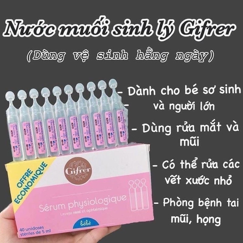 Hộp 40 tép nước muối sinh lý Gifrer Hồng 1ml vệ sinh mắt mũi cho bé