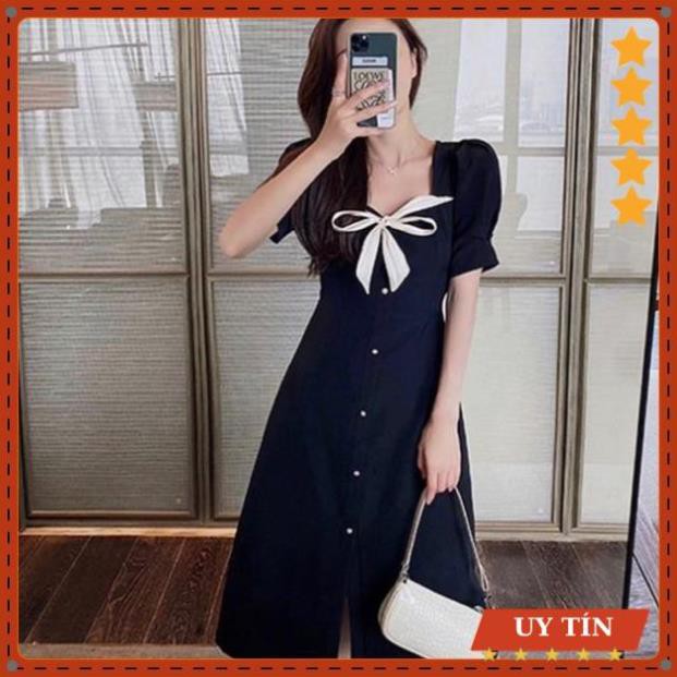 Đầm xoè tiểu thư đen phối nơ cổ Eva_home_fashion