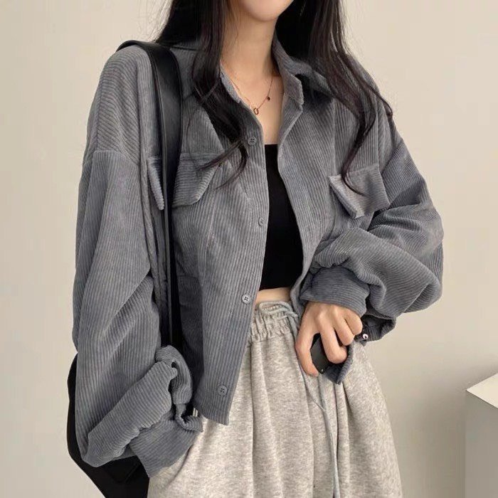 Áo Sơ Mi Nhung Nữ Croptop Tay Phồng Áo Nhung Dáng Lỡ Dài Tay Dáng Rộng Hàn Quốc F042 seven six