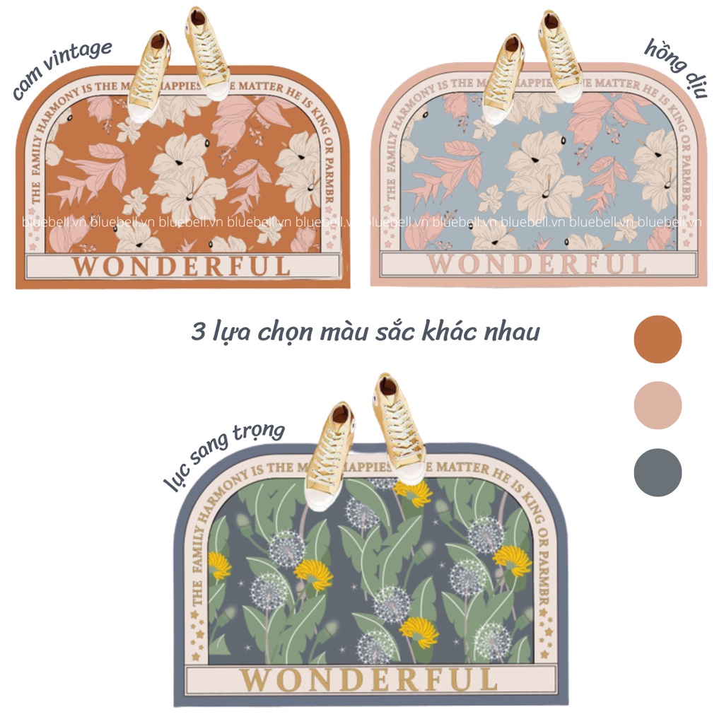 Thảm Chùi Chân Cao Su Siêu Thấm Hút Phòng Tắm, Nhà Bếp Size To 80*50cm Họa Tiết Hoa Vintage BlueBell
