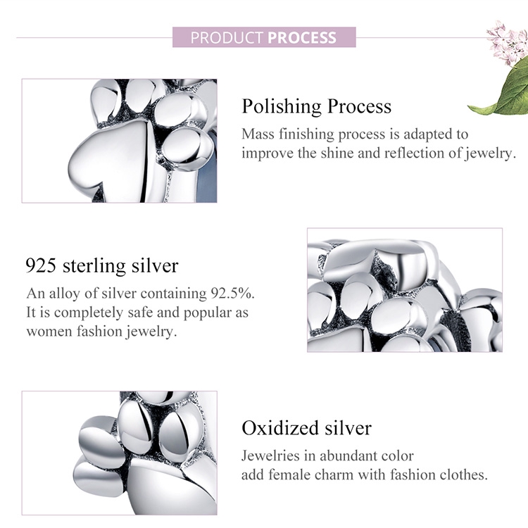 Phụ Kiện Bamoer SCC1504 Bằng Bạc 925 Hình Dấu Chân Chó Có Nút Chặn Silicone Dùng Làm Trang Sức DIY