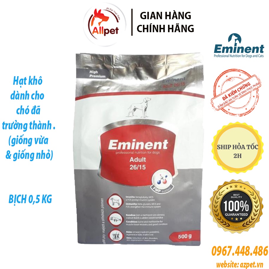 Thức ăn cho chó Eminent Adult 500g, Đồ ăn cho chó giống vừa và giống nhỏ. Hạt cho chó trưởng thành E