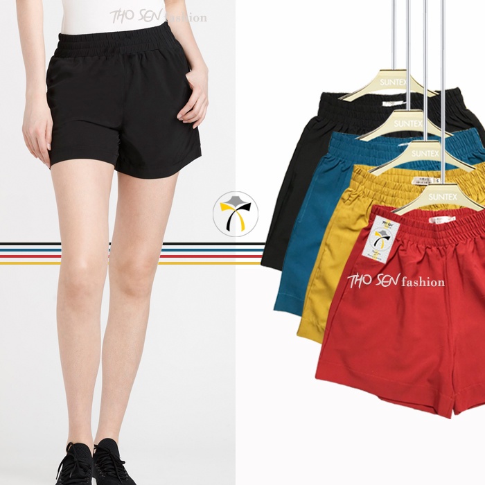 Quần Sooc Bồng Nữ Cạp Chun Năng Động Vải Co Giãn Tốt Short Thể Thao Kiểu Trơn Màu Đen Vàng Đỏ Xanh
