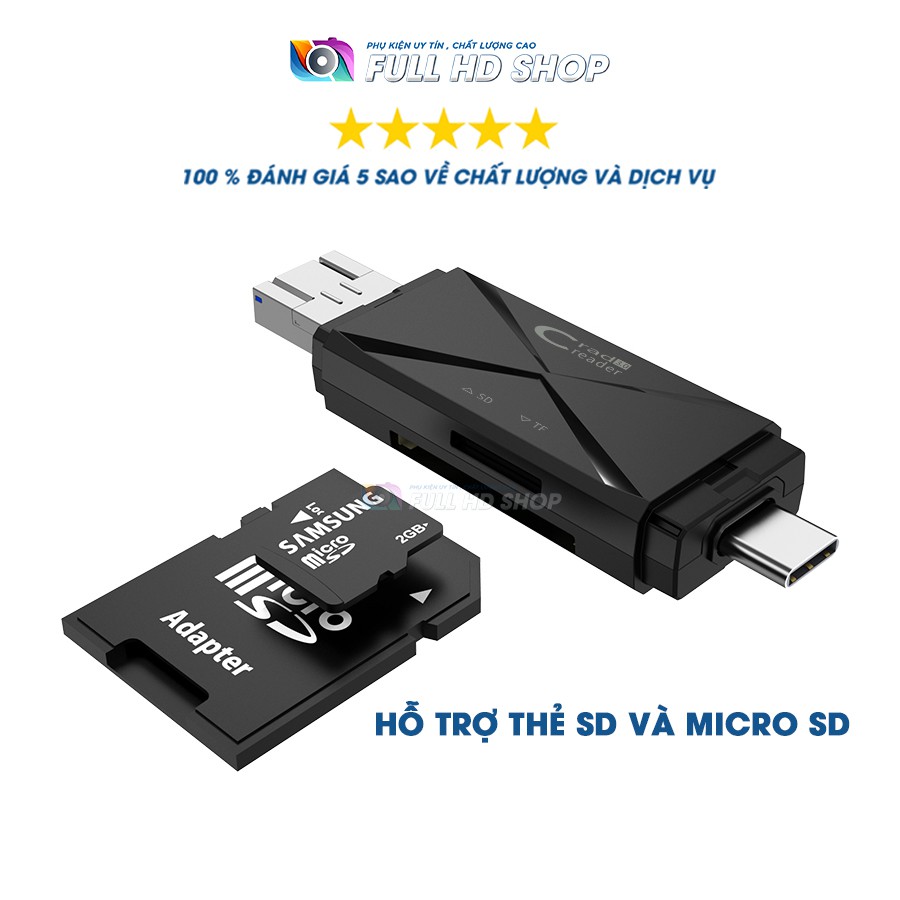 Đầu Đọc Thẻ Nhớ Type C/USB/Micro USB Cho Điện thoại Android/Máy tính - Full HD Shop Mã HD11