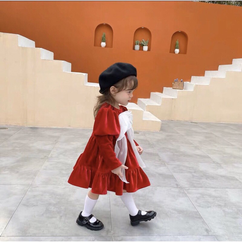 váy nhung đỏ chanh xả cho bé gái