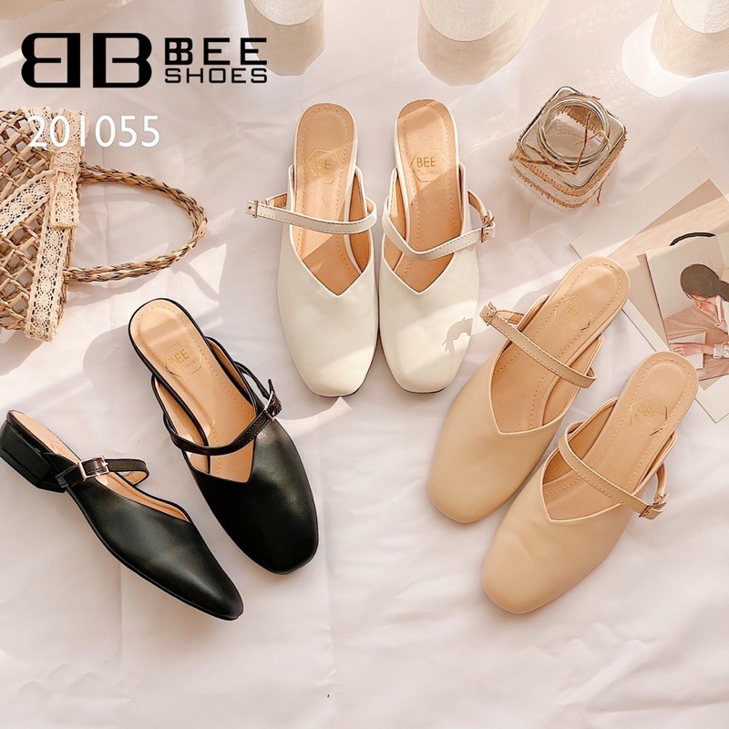 BEESHOES - SỤC NỮ MŨI VUÔNG QUAI NGANG DA LÌ - SỤC NỮ ĐẾ BỆT ĐI SIÊU ÊM SIÊU MỀM SẴN MÀU ĐEN - BE - TRẮNG 201055