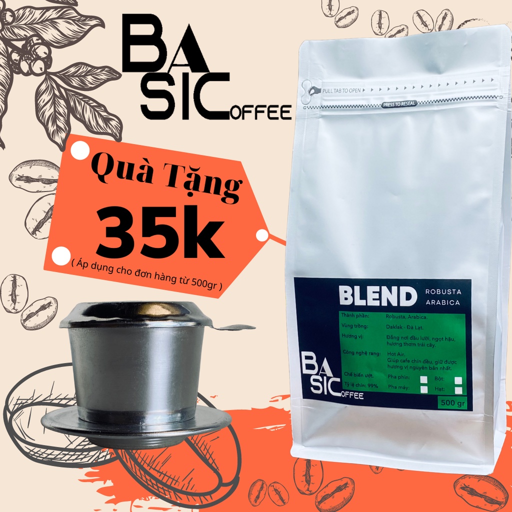 Cà Phê Nguyên Chất Blend Robusta Arabica Rang Xay Mộc Bassic Coffee Thơm Đậm Vị Cafe Sạch Dak Lak