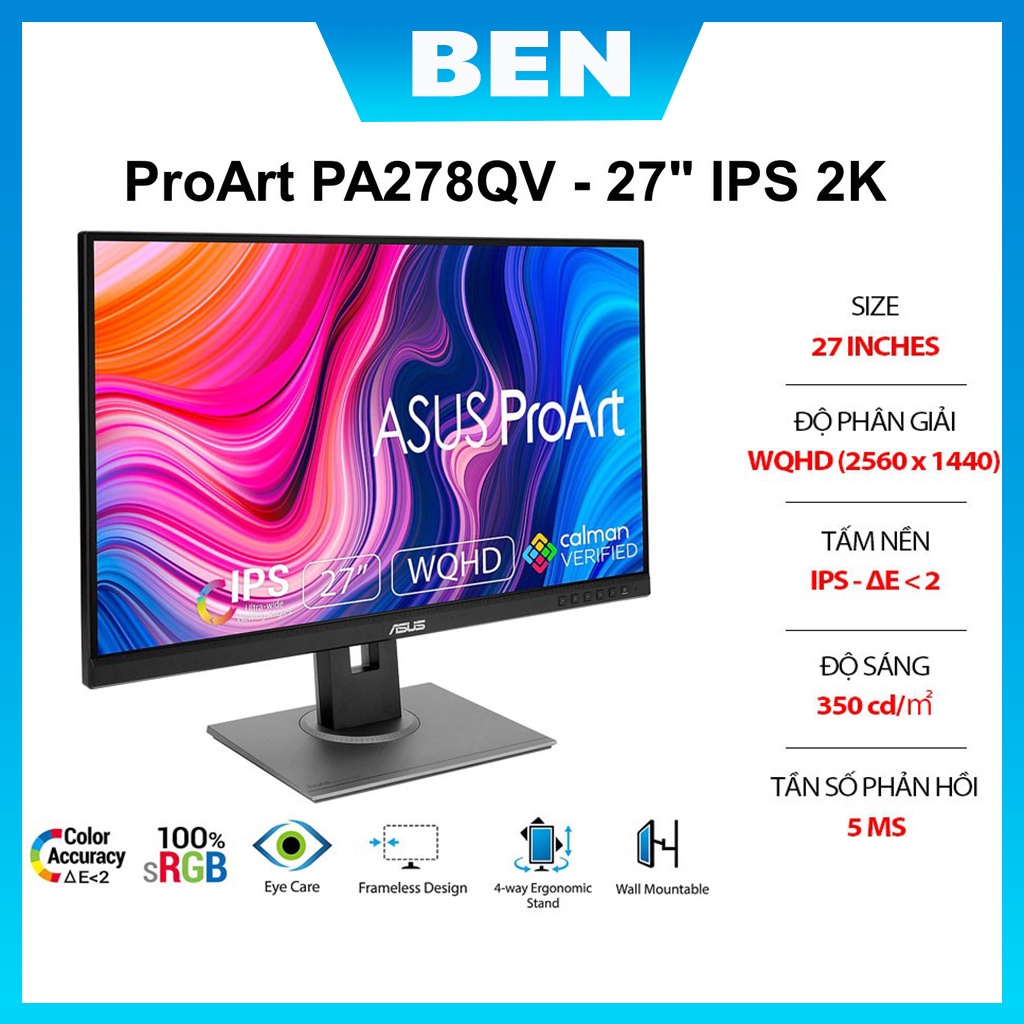 Màn Hình ASUS ProArt PA278QV | 27 inch IPS | 2K (2560x1440) | 75Hz | Chuyên Đồ Họa